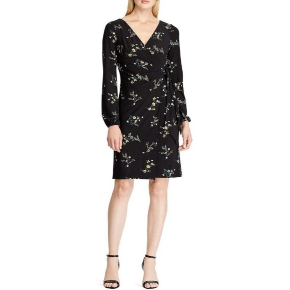 Lauren Ralph Lauren Womens 6 Black Floral Long Sleeves Tie Side Wrap Dress